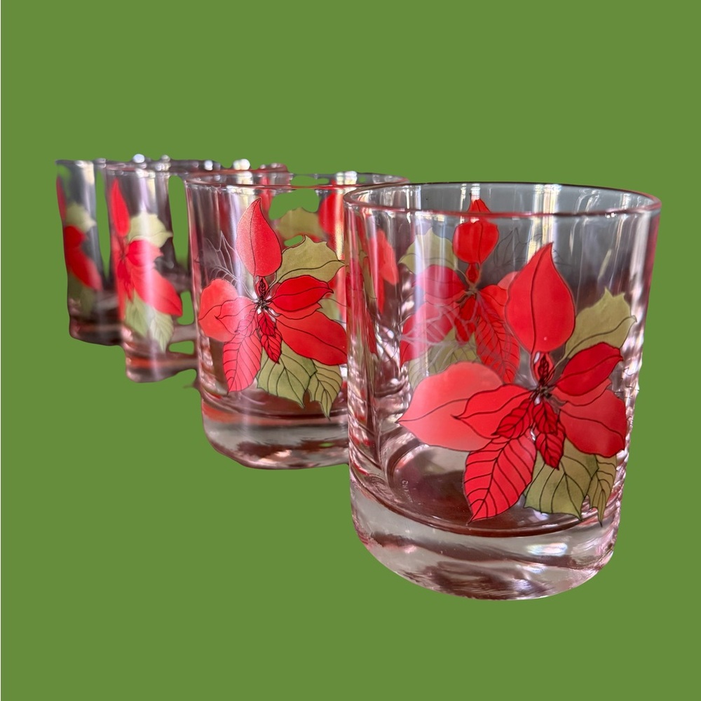 Crisal of Portugal 4 Old Fashioned Bar Juice Glasses Red Poinsettia Design EUC